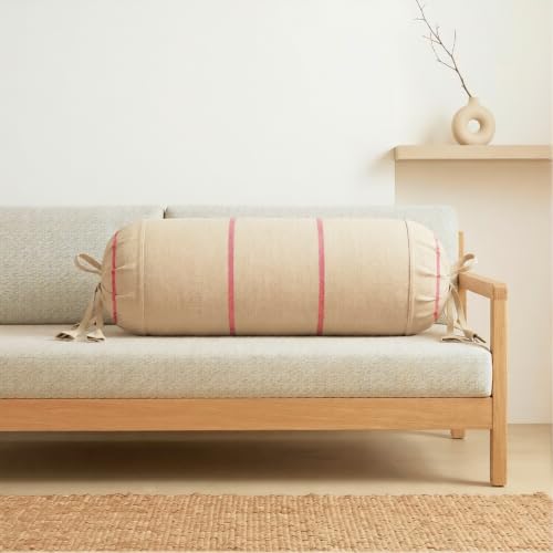 Image of SAJAVAT HOME 100% Cotton Striped Bolster Cover Pack of 2 15x30 | Textured Round Side Pillow Covers for Sofa, Bed & Diwan | Soft Breathable Bolster Pillow Covers | Beige with Red Pinstripe
