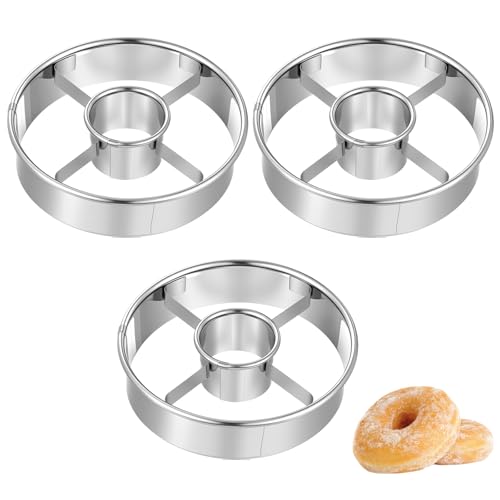 3Pcs Stainless Steel Donut Cutter, Multi Purpose Doughnut Cutter with Center, 3.86 Inch Donut Hole Cutters, Baking Tools for Mousse Bagels Cookie Biscuits
