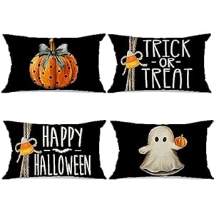 Halloween Pillow Covers 18×18 inch Set of 4 Trick or Treat Pumpkin Ghost Throw Pillow Covers for Fall Halloween Decorations Halloween Party Pillows Decorative Pillow Covers for Couch Sofa