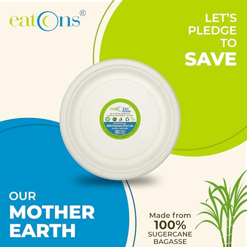 Image of EATONS Bagasse Disposable Plates Small Size [6 Inch, 100 Pack] | Eco-Friendly Disposable Plates for Sancks | Quarter Plate | Sugercane Paper Plates | Birthday, Wedding, Party | Round | White