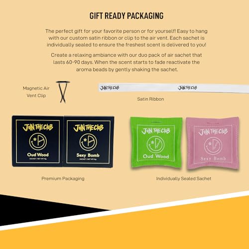 Image of Join The Club Hanging Air Freshener Sachets w /Natural Essential Oils for Car & Home Aromatherapy Fragrance Scent Packets - Oud Wood & Sexy Bomb Scent