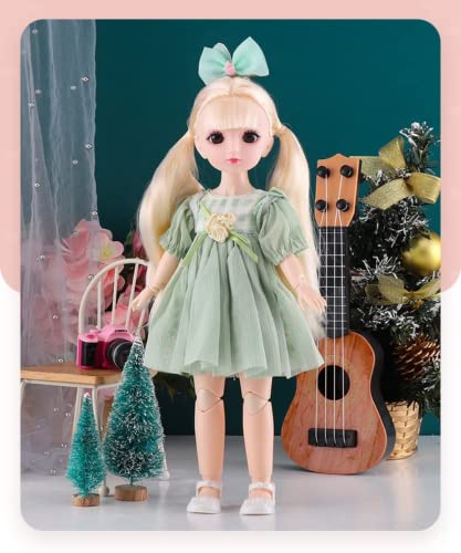 Image of Tickles Set Movable Jointed Cute Girl Brown Eyes Fashionable Doll Green Frock for Kids Girls (Size: 30 cm Color: Green & White)