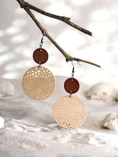 MINACHI Bohemian Hollow Cut-Out Wood Leather Dangle Drop Earrings, Boho Chic Hippie Statement Jewelry Gift for Women4