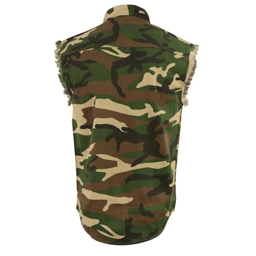Milwaukee Leather DM4010 Men's Camo Lightweight Denim Shirt with Vintage and Frayed Sleeveless Look2
