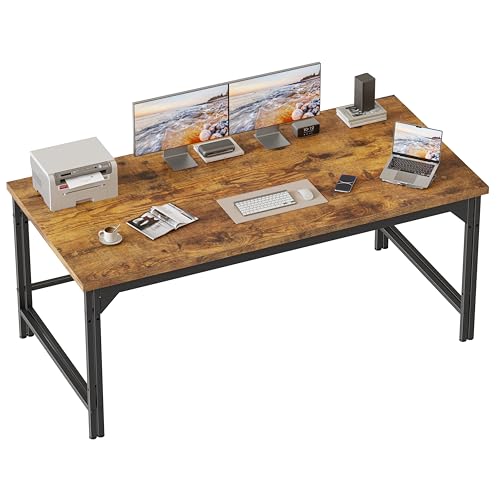 Image of Mericonia 54 Inch Computer Desk, 1 inch Thick Large Office Table, Brown | Modern Simple Style, Heavy Duty Industrial Frame, Study & Writing Table for Home Bedroom Work