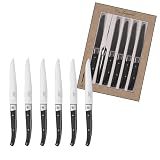 LOU LAGUIOLE Pro   Set couteaux steak de table, lames steak microdentées, 6 pièces, Taille 23.2cm (lame 11.5cm), Acier 5Cr15MoV   Finition Brillante   Noir