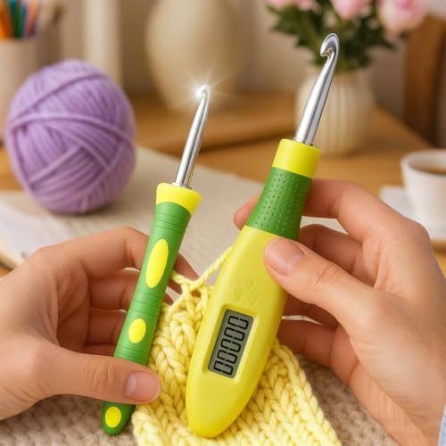 Image of Light up Crochet Hook Set with Stitch Counter Crochet Kit with 18 Different Size Interchangeable Crochet Needle,Ergonomic with 2 Levels Led and Digital Stitch Counter for Crocheting and Knitting