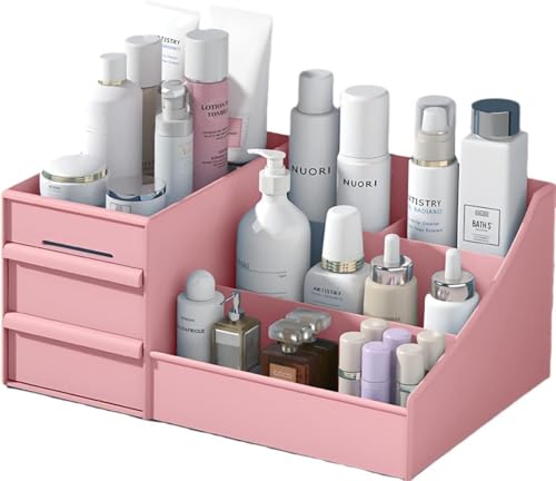 Image of COOFANDY Make Up Cosmetic Organiser with Drawers, Makeup Organiser Storage Cosmetic Box for Washbasins, Dressing Table Organiser Box for Bedroom, Bathroom, Large Makeup Organiser (Pink)