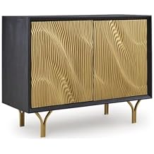 BOWERY HILL Wood Accent Cabinet, Black and Gold Finish, 40" W x 17" D x 32" H, Goldtone Carved Door Fronts, Push Magnet Doors, 1 Shelf, Contemporary Style Sideboard for Living Room or Bar Area