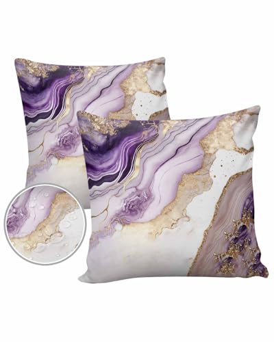 Purple Marble Outdoor Pillow Covers Waterproof, All Weather Cushion Case Set of 2, Gradual Marbling Luxurious Gold White Decorative Pillowcases for Sofa Couch Bed Decor Patio Furniture 18