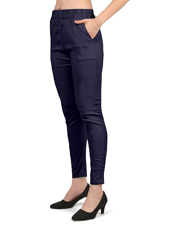 Women's Ankle Length Elastic Waist Cotton Pants, 4 Way Stretchable Slim Fit Casual Pant2