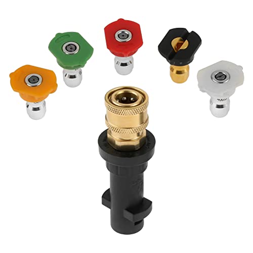 Hicello Raccord femelle à connexion rapide de 6,35 mm avec buse de pulvérisation pour nettoyeur haute pression, adaptateur à connexion rapide avec 5 buses de nettoyeur haute pression multi-degrés pour