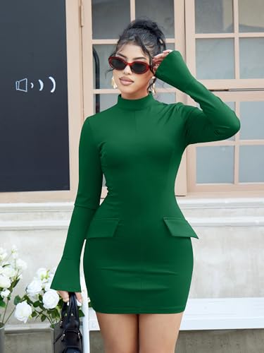 Image of YMDUCH Women's Long Sleeve Mock Neck Bodycon Mini Party Dress | Stretch,Flare Sleeve,Formal,Back Zipper,Elegant,Comfy,Casual,Fitted,Solid,Party,Date Night,Club,Birthday,Fall,Spring,Short