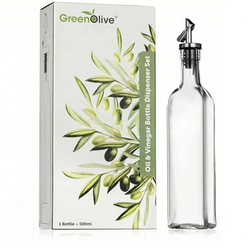 GREENOLIVE Olive Oil Dispenser Bottle - 17 oz. Clear Glass Bottle with No-Drip BPA-Free Spout - Ideal for Kitchen and Cooking Essentials - Single Bottle