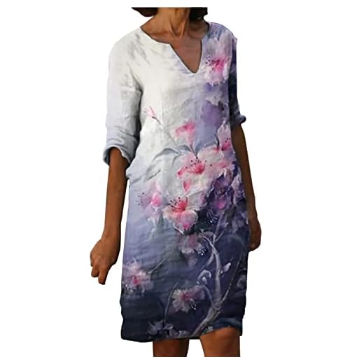 Baoyiyiyiyi Kvinnor sommar linne klänning halvärm v-hals shift klänningar tryck knä längd solklänning midi elegant klänning tight klänning, Vit, XL