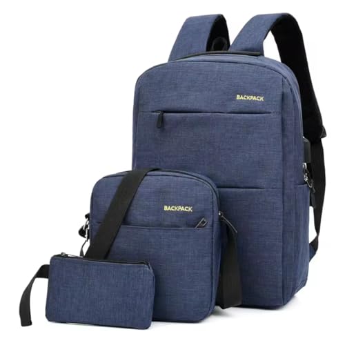 KIT DE 3 PEÇAS: MOCHILA ESCOLAR, ESTOJO E BOLSA LATERAL PARA NOTEBOOK COM CABO USB INCLUÍDO (azul marinho)