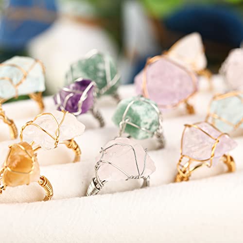 Sureio 8 Pieces Chakra Crystal Ring Healing Crystal Ring Adjustable Gemstone Rings Copper Wire Wrapped Ring Irregular Colorful Gem Ring For Women thumb #4