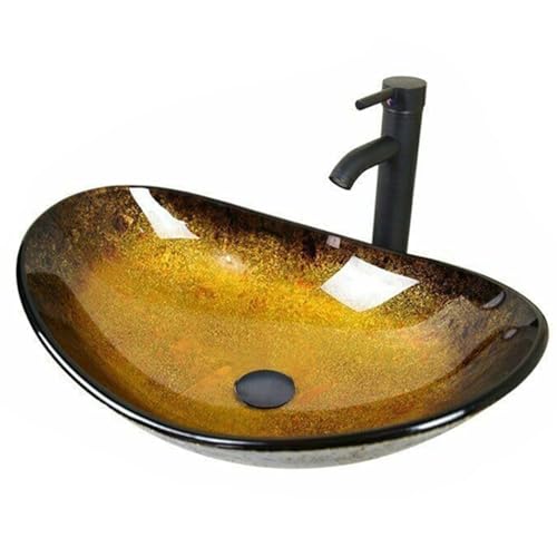 ZealWe Waschbecken Aufsatzwaschbecken Glas, Waschbecken Aufsatz Waschschale Oval für Badezimmer, Handwaschbecken Gäste WC 53 × 35 × 15 cm Waschtisch Waschplatz, Schwarz Gold