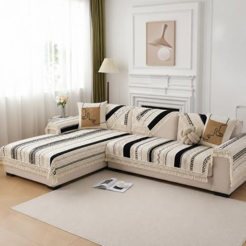 Image of HOMETHREADS Innovative European Premium Style Anti Slip Cotton Sofa Cover Mat with PVC Backing for Non-Slip Comfort (Black, 4 Seater | 70x210cm)