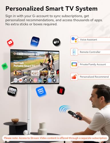 Image of HotYeah Portable Smart TV on Wheels, EDLA-Certified, 23.8 inch 1080P 2-in-1 Rolling TV & Monitor, w /Built-in 10000mAh Battery, Support Voice Control, USB-C & HDMI, Full Swivel Rotation (White)