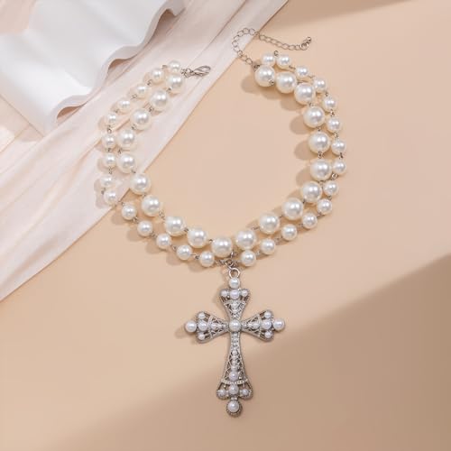 Pearl Cross Necklace Big Cross Pendants Necklaces for Women Chunky Pearl Necklace Gothic Cross Necklace Punk Vintage Cross Jewelry Women4