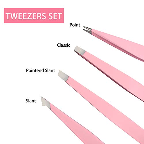 Tweezers Set 4-Piece, Professional Stainless Steel Tweezers, Precision Tweezers For Eyebrows , Facial Hair, Ingrown Hair, Splinter, Blackhead Remover (Pink) #TOP2