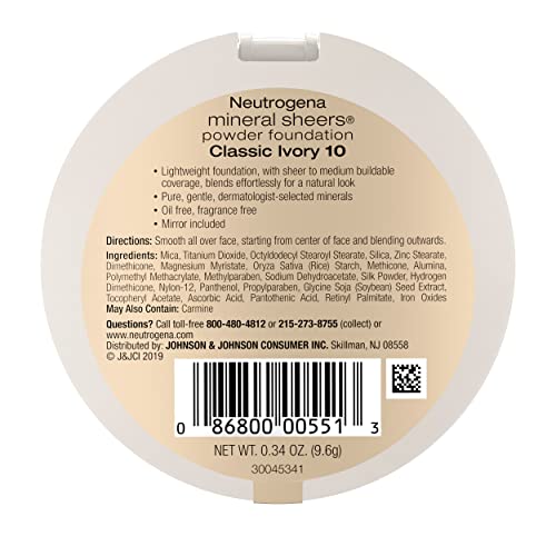 Neutrogena Mineral Sheers Compact Powder Foundation, Lightweight & Oil-Free Mineral Foundation, Fragrance-Free, Classic Ivory 10.34 Oz (Pack Of 2) #TOP7