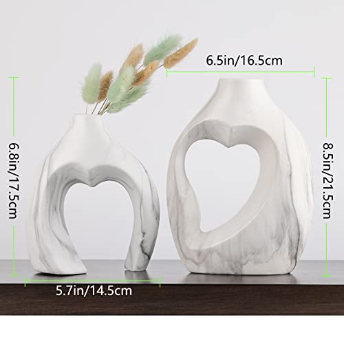 Ceramic Hollow Marble Vase Set Of 2, Black And White Marble Decor Flower Vases Table Centerpiece, Unique Modern Ceramic Heart Small Vase, For Living Room, Kitchen, Dining Minimalist Decor #TOP1