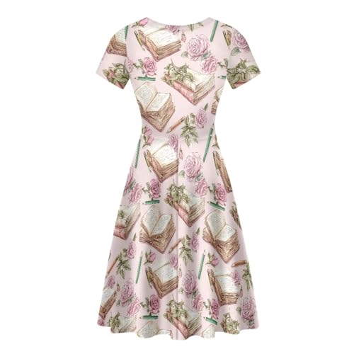 Image of POLERO Women Puffy Swing Elegant Party Midi Dresses Short Sleeve Round Neck A-Line Dress