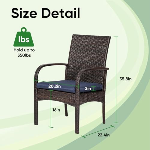 SAILARY Outdoor Wicker Patio Dining Chairs with Padded Cushions Set of 2: Porch Rattan Chairs Club Chairs with High Back and Deep Seating 350lbs, Brown - Thumbnail 4