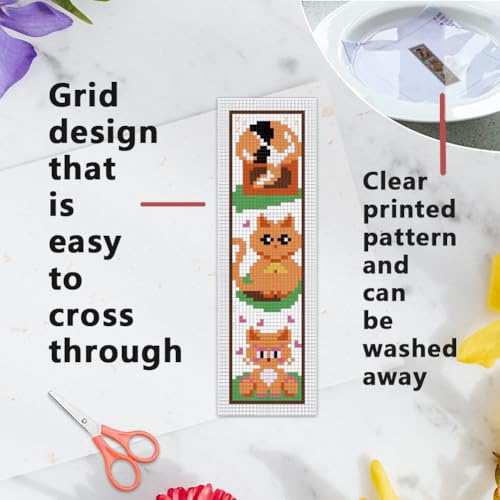 Image of INFUNLY 6 Set Cat Cross Stitch Bookmark Kits Carton Kitten DIY Cross Stitch Kit for Beginners Black Cat Stamped Embroidery Bookmark Kit with Backing Felt Floss Instruction for Starters Book Lovers