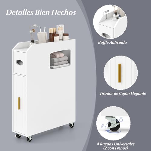 COSTWAY Armario Auxiliar de Baño con Ruedas Bloqueables, Mueble de Baño Estrecho con Cajón Deslizante, Caja de Pañuelos, Soporte para Cepillo de Inodoro para Cocina Salón, 50 x 16 x 69 cm (Blanco) - imagen 5