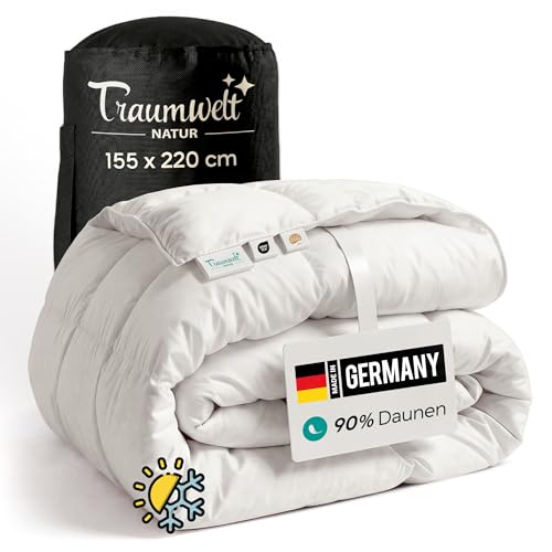 Traumwelt Natur Made in Germany Daunendecke 155x220 cm aus 90% Daunen und 10% Federn für alle Jahreszeiten Allergiker geeignet (nomite) Öko-Tex 100 Klasse 1 Zertifiziert Downpass