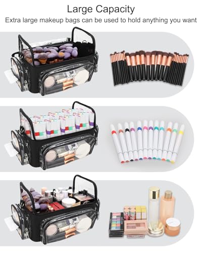 Image of TANTO Makeup Brush Case Stand-up Makeup Cup Makeup Brush Holder Travel Professional Cosmetic Bag Artist Storage Bag Large Makeup Bag with Adjustable Divide, A3-Black-Clear Style, XX-Large, Makeup