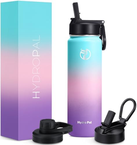 HydroPal 750ml Edelstahl Isolierflasche,Trinkflasche mit Strohhalm 2 Deckel | BPA-frei, 24h kalt & 12h heiß Vakuumflasche, auslaufsicher Wasserflasche, Stroh- und Ausgussdeckel Spo