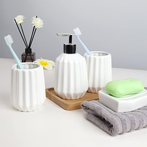 TRUSTLIFE Ensemble d'accessoires de Salle de Bain en Céramique 4 Pièces pour y Compris la Tasse de Brosse à Dents Porte-Savon Porte-Brosse à Dents Distributeur de Lotion Foncé Rayures Verticales Cover
