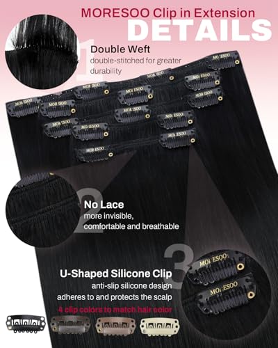 Image of Moresoo Jet Black Clip in Hair Extensions Human Hair Jet Black Human Hair Extensions Clip ins Short Remy Human Hair for Women Double Weft 80g /5pcs 10 inch