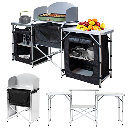 Eikuavons Campingküche Kompakte Outdoor-Küche mit Aluminium-Tischplatte, Spritzschutz & Staufächer Campingschrank Reiseküche, Ideal für Camping, Garten und Outdoor-Aktivitäten