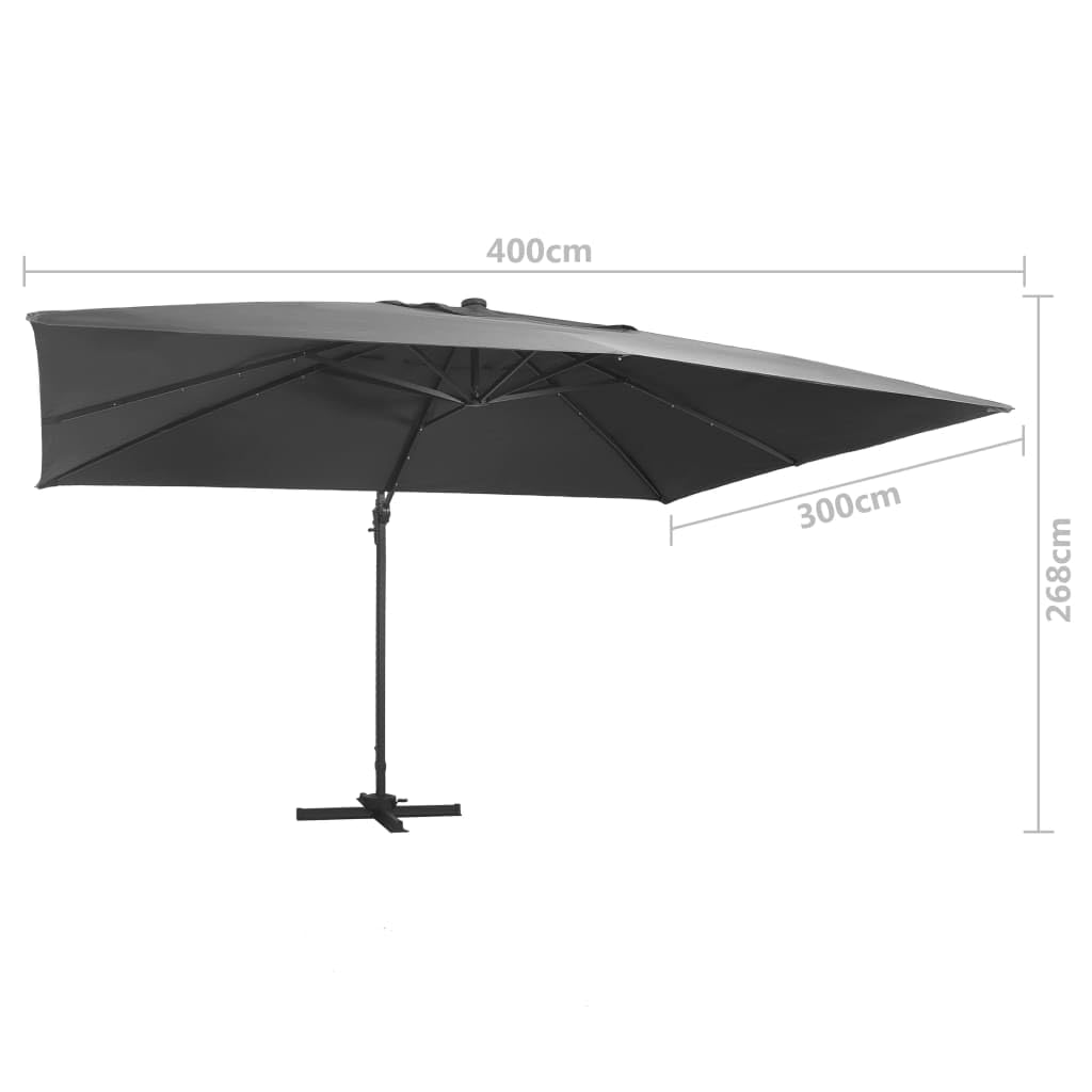 Homgoday Sombrilla voladiza Luces LED Poste Aluminio Antracita 4x3 m Sombrilla de Jardín,Protección UV Sombrilla Jardín Grande Orientable Jardín Parasol Balcón