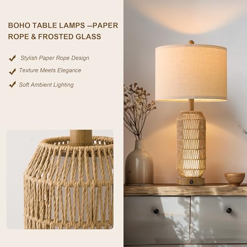 Image of OYEARS 25 inch Table Lamps Set of 2 with Night Light,Bedside Lamps for Bedroom,Boho Lamps with USB C+A Charging Ports,Farmhouse Table Lamp with Rattan,Frosted Glass,Linen Shade (Wood Grain,Bulb Included)