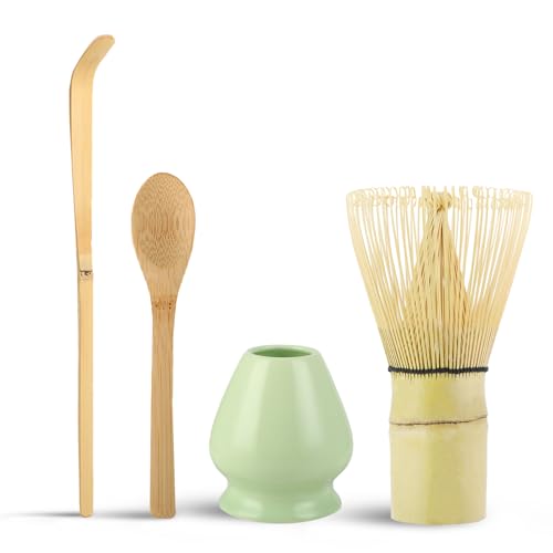 Kit Matcha Complet – 4 Pièces Matcha Kit avec 100 bastoncini chasen, Matcha Whisk, Cuchara Matcha, Support – Kit Matcha Ceremonial Japonais pour Thé Vert WQDD STANPET