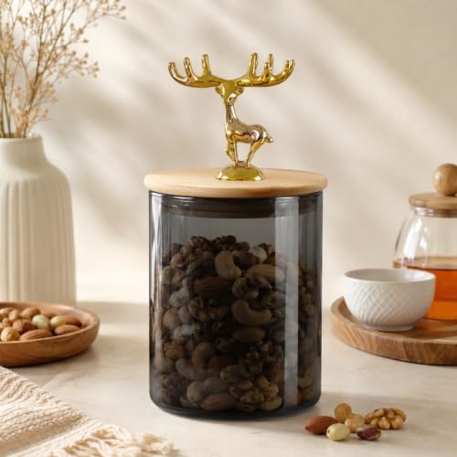 Image of bellemax 500ML Smoky Grey Glass Storage Jar with Wooden Lid & Golden Deer Handle | Airtight Kitchen Storage Containers for Dry Fruits, Cookies, Candy, Tea, Coffee, Sugar & Snacks Set of 2