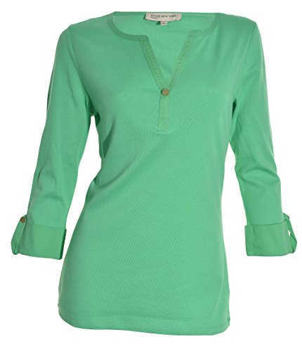 JONES NEW YORK WOMENS HENLEY 3/4 TAB CUFF, SINGLE BUTTON V-NECK SHIRT BLOUSE (Small, Green)