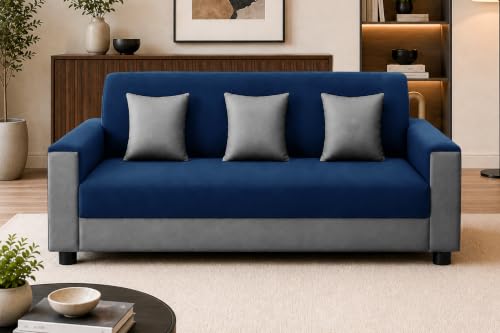 Image of Modern 3 Seater Sofa | Contemporary Upholstered Couch | Premium Cushioned Seating | Stylish Armrest Design | Comfortable Sofa for Living Room, Bedroom & Office - Blue + Grey Color