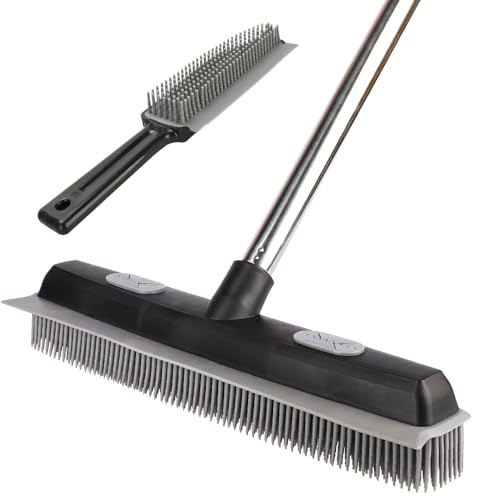 Godiyyer Pet Hair Rubber Broom with Carpet Rake and Squeegee, 2 in 1 Floor Brush for Carpet, 62 inch Adjustable Handle,Silicone Broom Black (Squeegee+Brush)