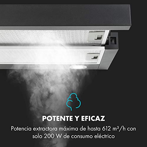 Klarstein-Viola-Campana-extractora-2-potencias-EEC-A-200-W-Extraccion-max-612-mh-Funcion-extensible-Interruptores-Luces-LED-Filtro-grasa-Valvulas-antirretorno-Acero-inoxidable-Negro