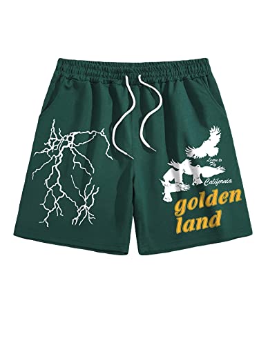 COZYEASE Men's Letter Graphic Print Drawstring Waist Shorts Casual Tie Front Track Athletic Gym Shorts Dark Green S