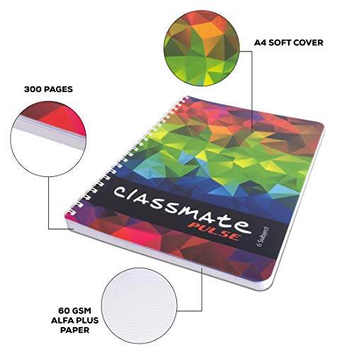 Classmate Pulse 6 Subject Spiral Notebook - Pack of 1 | Single Line | 300 Pages | A4 - 29.7cm x 21.0cm | Attractive Cover Designs | Soft Cover | Notebooks for College Students (Image - 5)