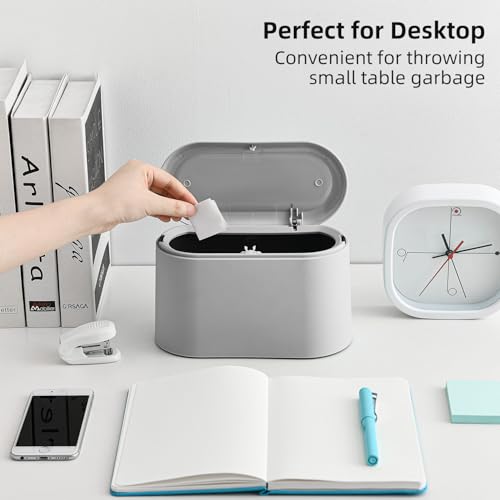 Image of SUBEKYU 0.5 Gal Mini Countertop Trash Can with Lid for Desktop, Small Garbage Can for Office, Tiny Wastebasket, Plastic, Light Grey
