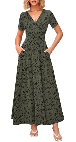 Image of WNEEDU Women's Summer Maxi Dress Short Sleeves Wrap V Neck Long Dresses with Pockets